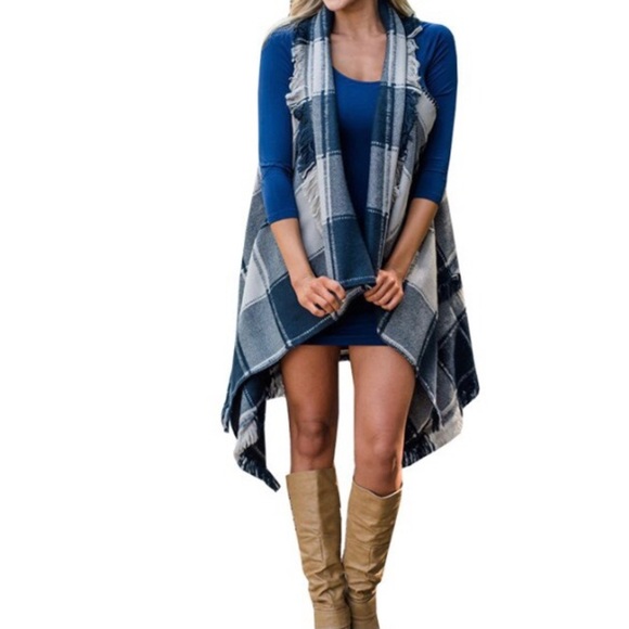 Sleeveless Plaid Hem Tassel Drape Open Front Cardigan Vest - Picture 6 of 8